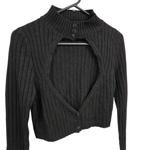 Full Circle Trends Black Ribbed Cutout Mock Neck Crop Sweater XL Long Sleeve